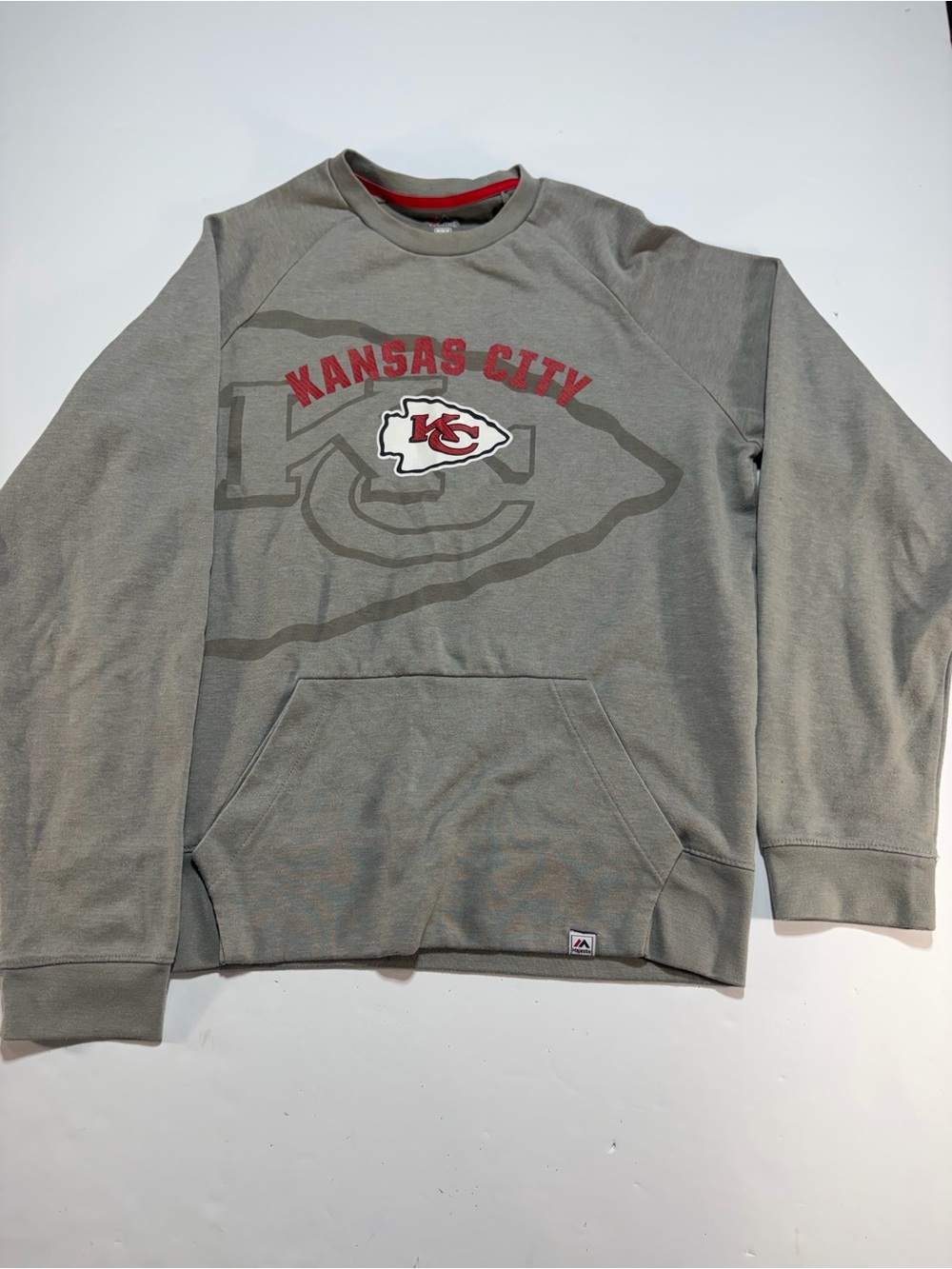 Majestic Kansas City Chiefs Grey Crewneck Pocket Sweatshirt Size Large